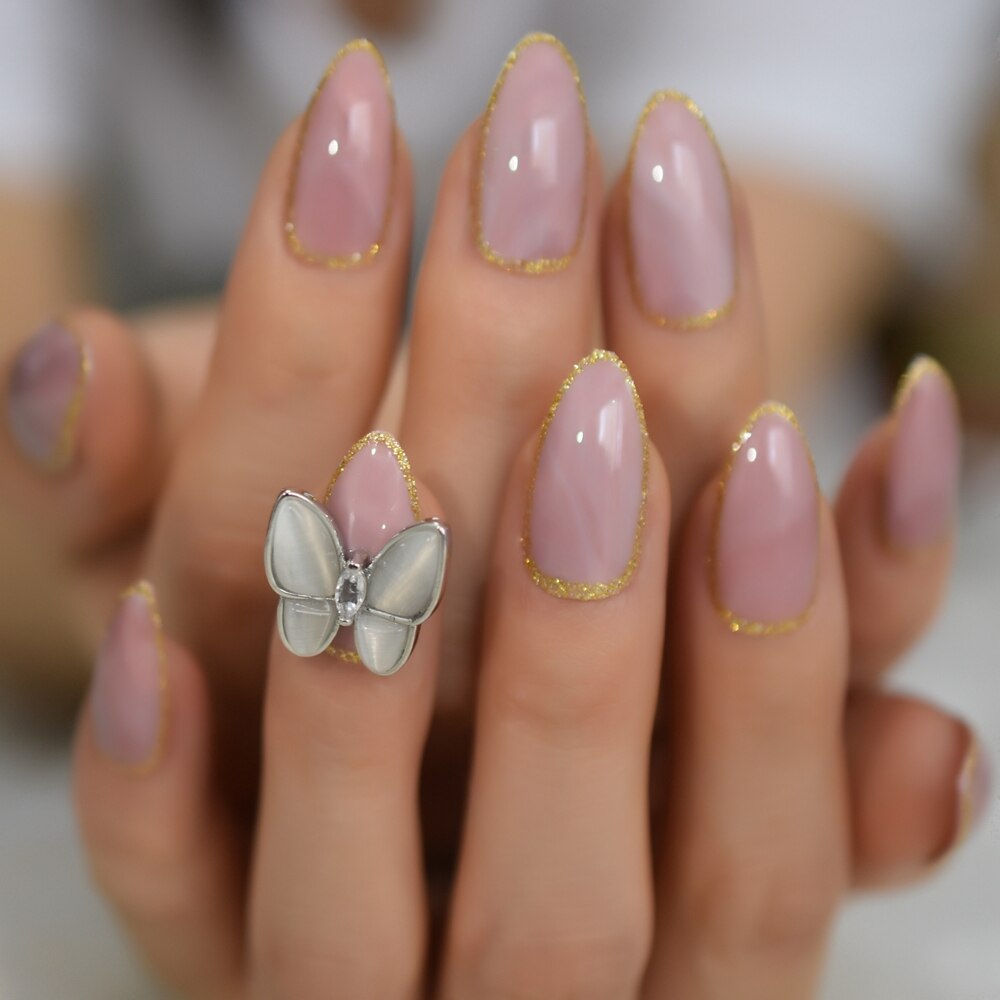 Legeret sommerfugl nail art falske negle marmor medium stilleto tryk på fingernegle med guld streg