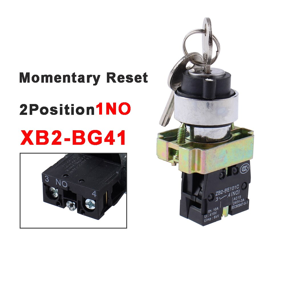 XB2-BG21/25/33/41/45/65/73 1NO/1NO1NC/2NO 2/3 position key operated selector push button switch Latching/Locking Momentary/Reset: XB2-BG41