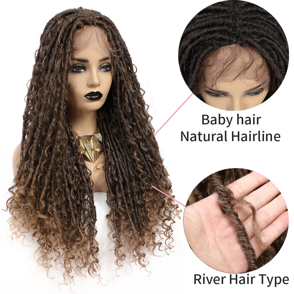 Soku Brown Dreadlocks Braided Wigs Synthetic Lace Frontal Wig with Faux Locs Curly River Crochet Braid Middle Part Braids Wig