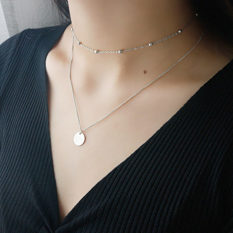 S'STEEL Sterling Silver Necklace Round Pendant Beads Chain Layered Choker Cadenas De Plata 925 Mujer Bijoux Femme Jewelry