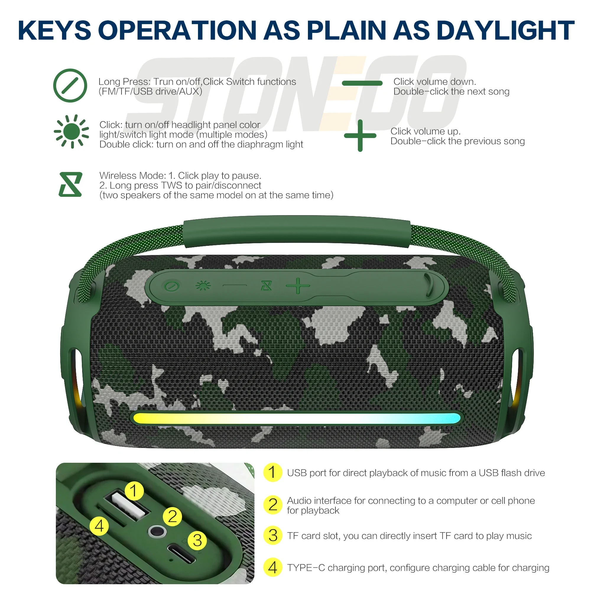 Bärbar trådlös bluetooth-högtalare med 53 kanaler för utomhusbruk, ipx 6 vattentät, högpresterande ljud, rgb-lykta, subwoofer