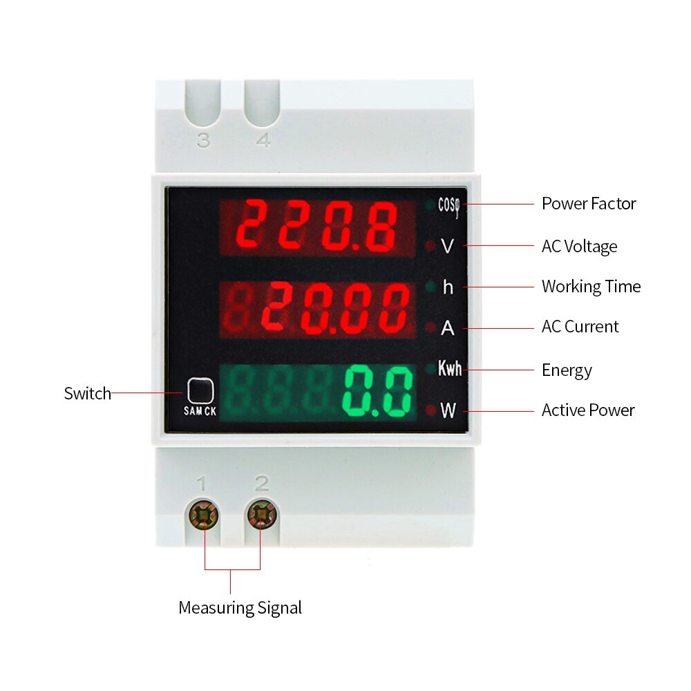 Medidor de Factor de potencia de voltaje de Riel Din Digital multifuncional, amperímetro, voltímetro, 100A, AC80-300V