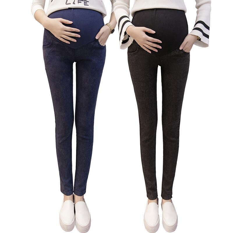 Koreanske graviditet mave lift bukser efterår og vinter gravide kvinder højelastiske stegte jeans med blomsterfødder