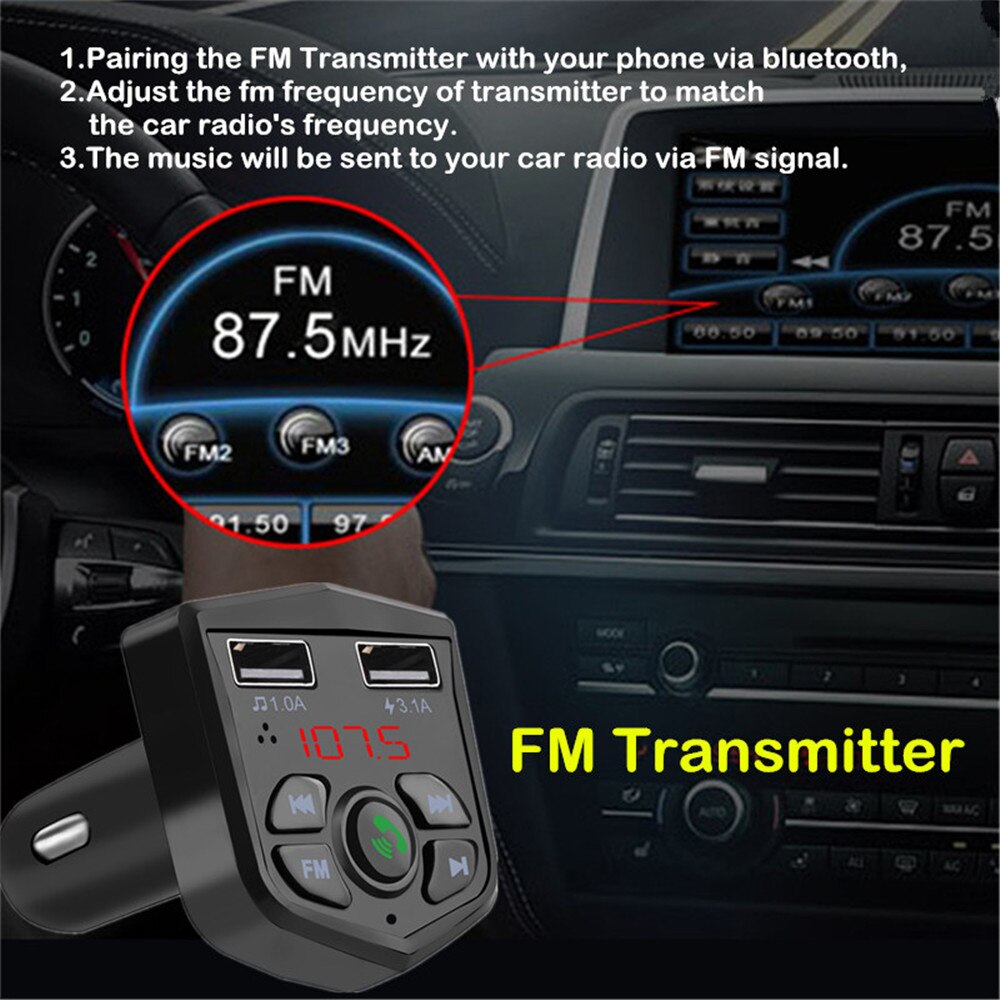 Bluetooth 5.0 Voltage Digitale Display Auto Fm-zender Handsfree Dual 2 Usb Telefoon Oplader 3.1A 1A Tf Card U Disk MP3 Speler