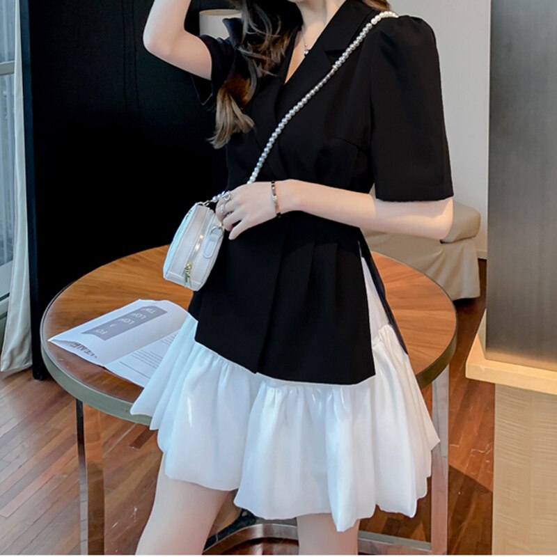 Sungtin-Conjunto de chaqueta y falda para mujer, Blazer largo de manga abombada blanca de Corea, minifaldas elegantes de línea A negra, conjuntos de 2 piezas de falda de verano