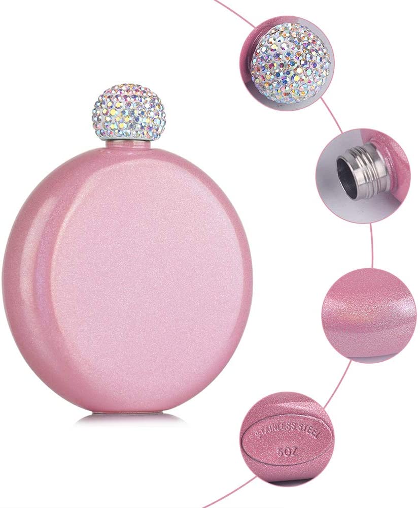 Mini frasco de Alcohol redondo para mujer, Petaca de acero inoxidable con tapa de diamante, 304 de acero inoxidable, 10,1 cm * 9 cm * 2,6 cm