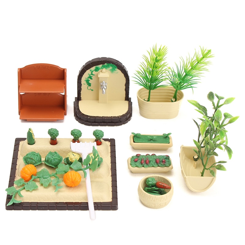 Miniaturer havearbejde grøntsagsblomster mad møbler sæt til dukkehus tilbehør legetøj plast håndværk børn jul