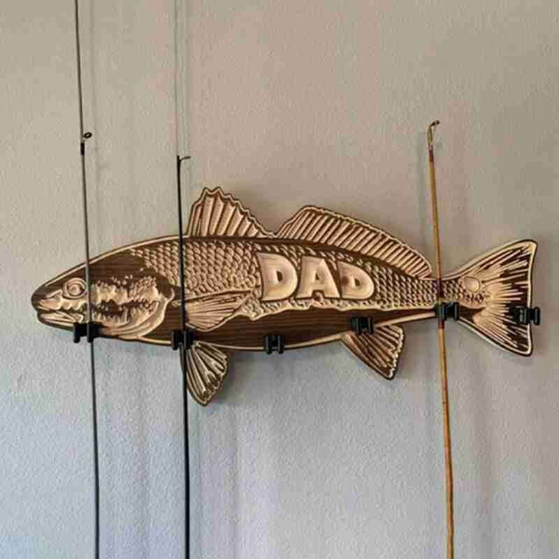 Wooden Large Mouth Bass Fishing Rod Holder Wall Mounted Father&amp;#39;s Day Retro Fishing Pole Rack With 6 Rod Holder