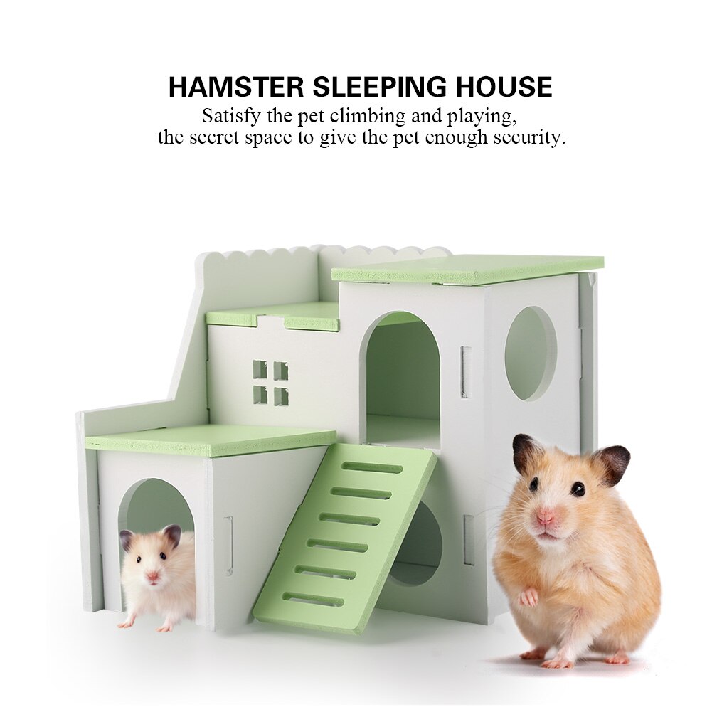 Lille kæledyr hamster legehus træmonteret villa kæledyrsbed bur hus pindsvin slot klatre legetøj (dobbelt lag værelse)