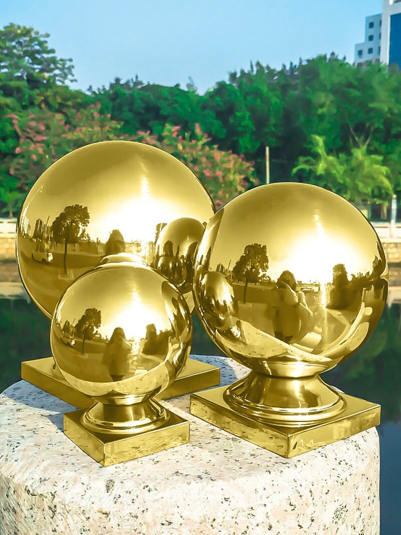 HQ Polished Stainless Steel 316 Grade Garden Outdoor Flagpole Gate Handrail Decoration Hollow Sphere Ball with Square Base