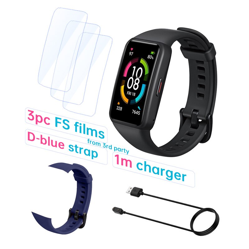 Honor-reloj inteligente Band 6 Original, pulsera con pantalla táctil AMOLED, Monitor de ritmo cardíaco y sueño, oxígeno en sangre, SpO2, resistente al agua: Std B F Cable Blue S