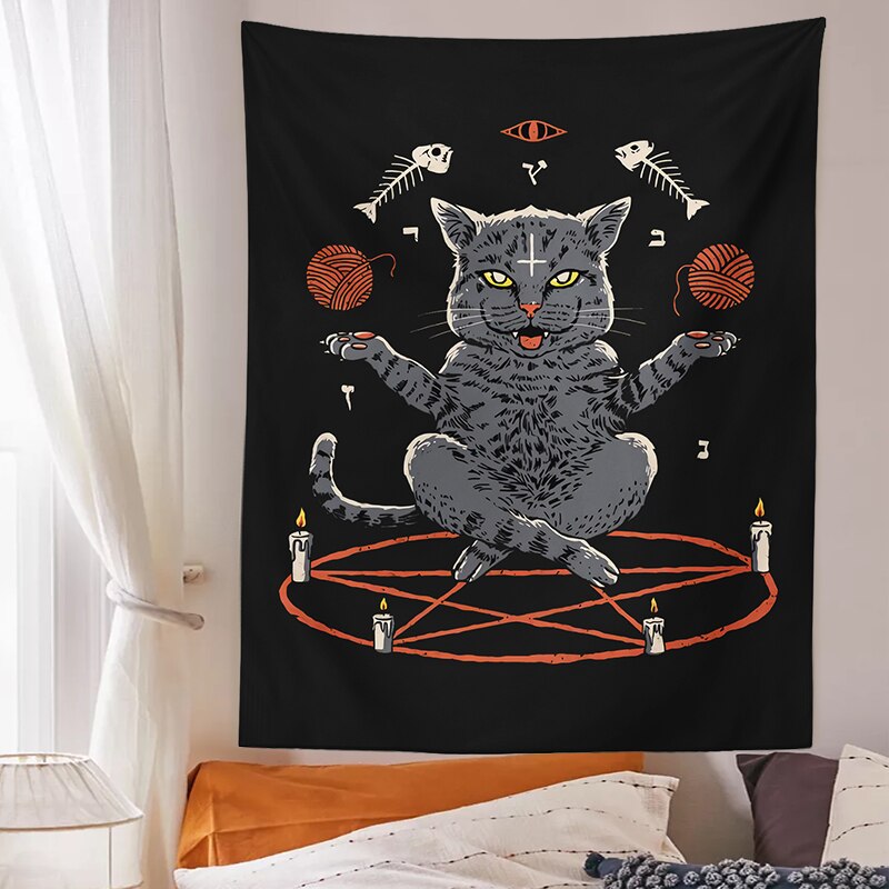 Kot czary gobelin ściany wiszące robić salonu dekoracja sypialni gobeliny ukryte ściany domu czarny fajny wystrój Kot sabat wydrukować