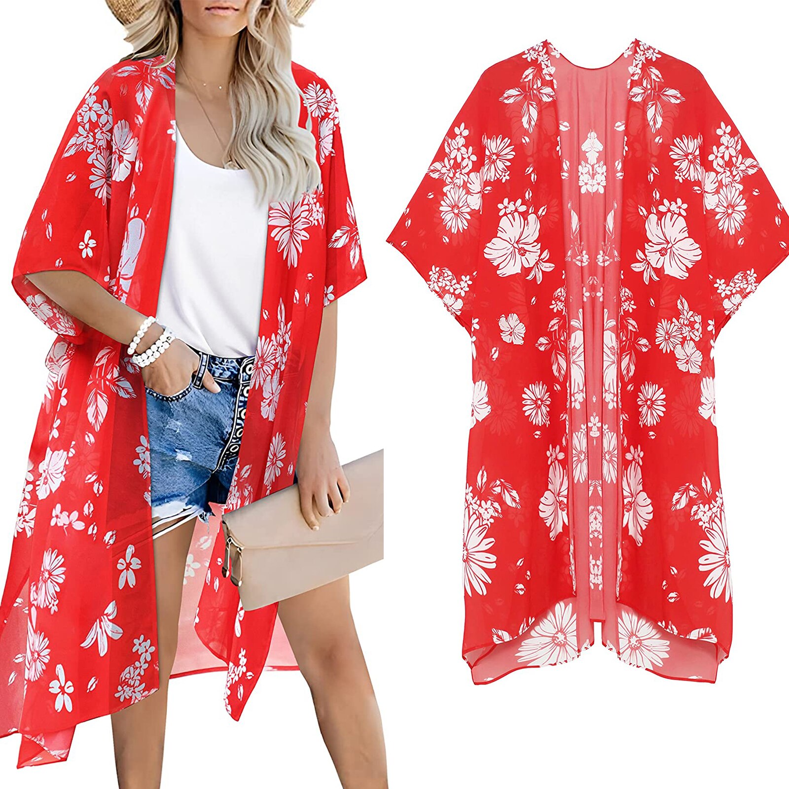 Bata transparente para mujer, Blusa de gasa con estampado único, protección solar, Media manga, Bikini, cárdigan, falda Bohemia con abertura larga, 2022