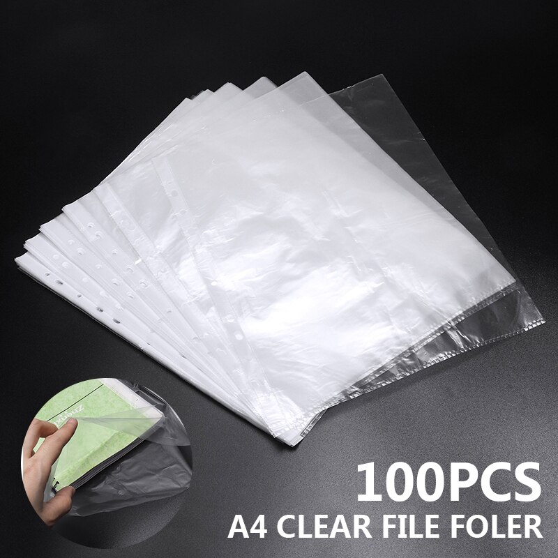 100Pcs A4 Clear File Folder Plastic Punched Pockets Folders Filing Sleeves Document Files Protectors Folder Bag