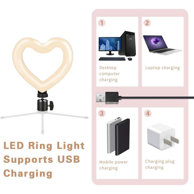 Niedliche dreifarbige füllleuchte, 6 cm große, herzförmige, dimmbare led-lampe (kalt/warm), 5v/8w zubehörteile für make-up, fotografie, video und live-übertragung