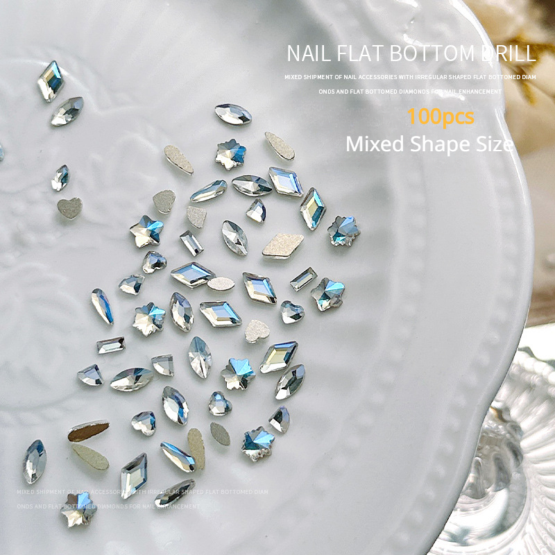 100 Uds Mini forma de cristal diamante decoraciones de uñas fondo plano diamantes de imitación Color mezclado piedras preciosas de vidrio accesorio de manicura DIY: Marfíl