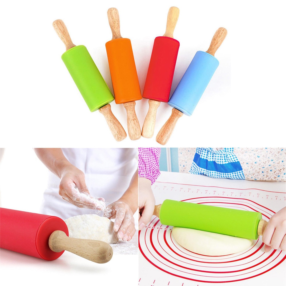 Houten Handvat Siliconen Rollen Rolling Pin Kid Keuken Koken Bakken Tool Met Plastic Handvat Gebak Gereedschap