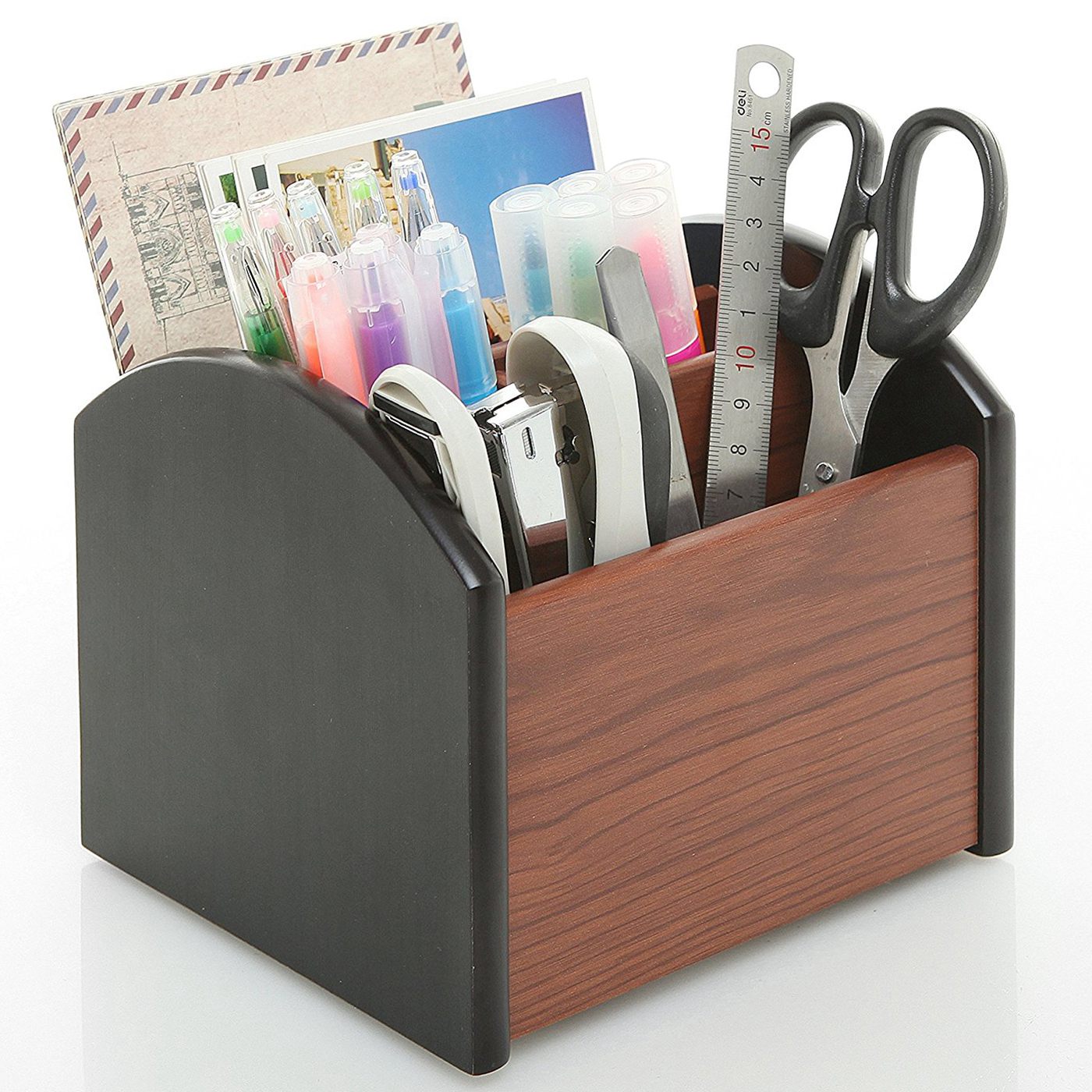 Roterande trä 4 -fack skrivbord kontorsmaterial förvaring organisator / snurrande fjärrkontroll caddy