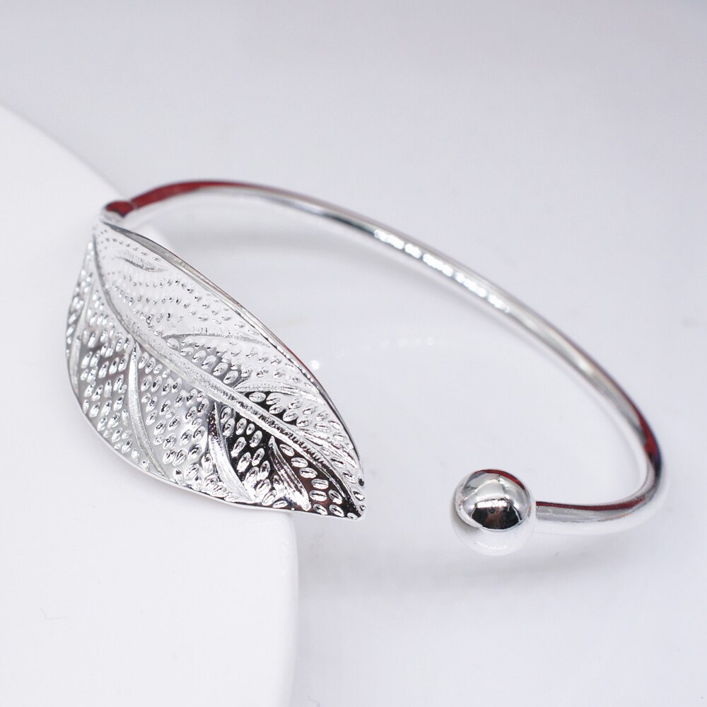 Vintage Leaf Open Bangle Verzilverd Pols Sieraden Voor Vrouwen Simple Shining Manchet Armband