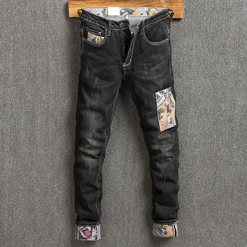 Koreaanse Stijl Mode Mannen Jeans Retro Zwarte Elastische Slim Fit Ripped Jeans Mannen Streetwear Patches Hip Hop Denim Broek: 38(Chinese Size)