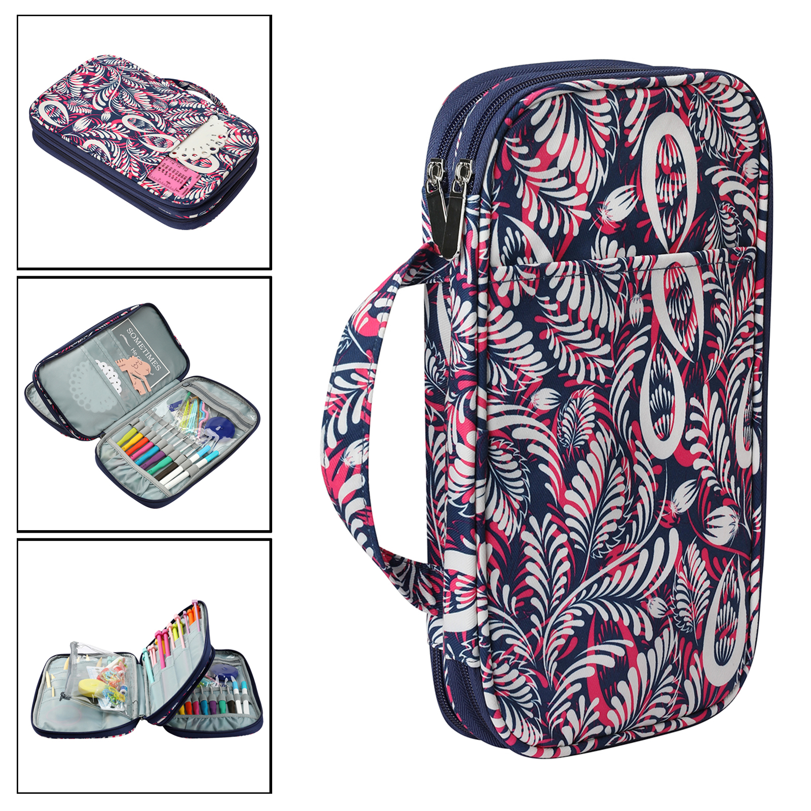 Knitting Needles Case, Organizer Storage Bag for Circular and Straight Knitting Needles, Crochet Hooks Knitting Accessories: Purple Leaves