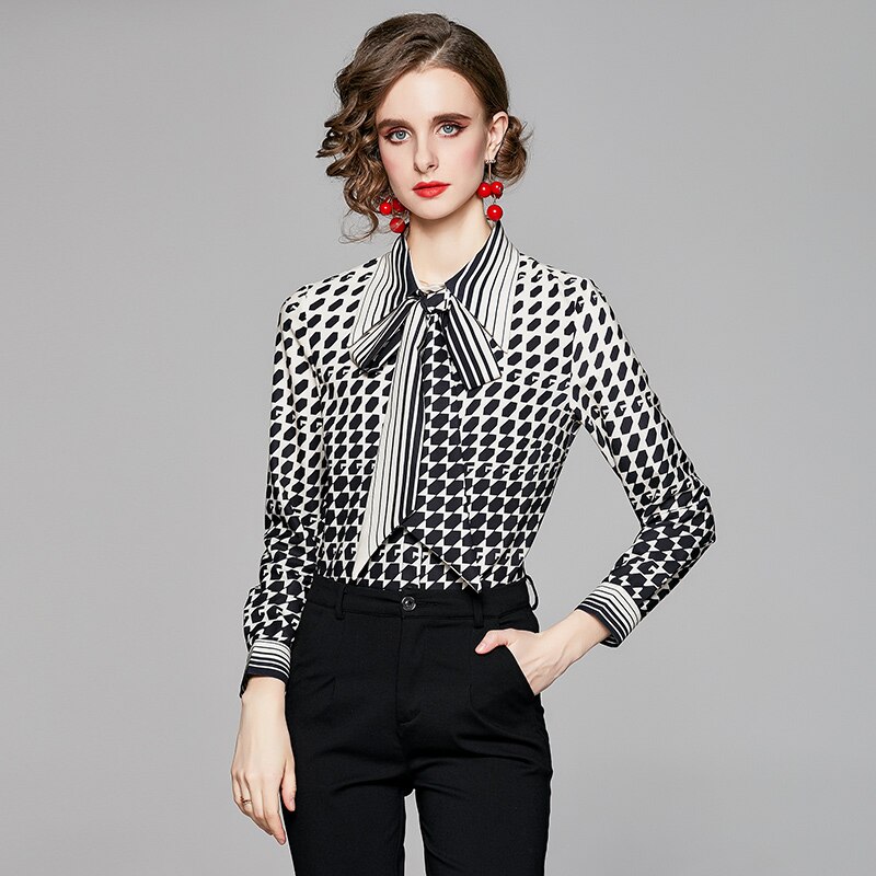 Blusa de gasa con estampado geométrico para mujer, camisa de manga larga para oficina, ropa coreana, , Primavera,