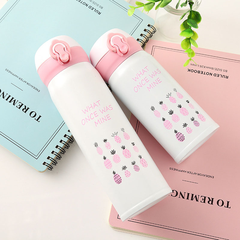 350ML 500ML Thermocup Bouncing Cover Bottle Vacuum flask Flamingo Pattern Thermal Mug Travel Thermos Cup Stainless Steel: 350ml / pineapple