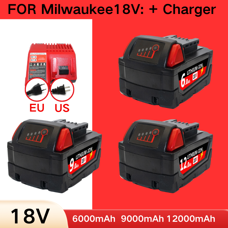 For Milwaukee M18 Power Tool Battery, Charger, BR, XC, 18V, 6000mAh/9000mAh/12000mAh M18B5, 48-11-1860, Built-in 18650 Battery
