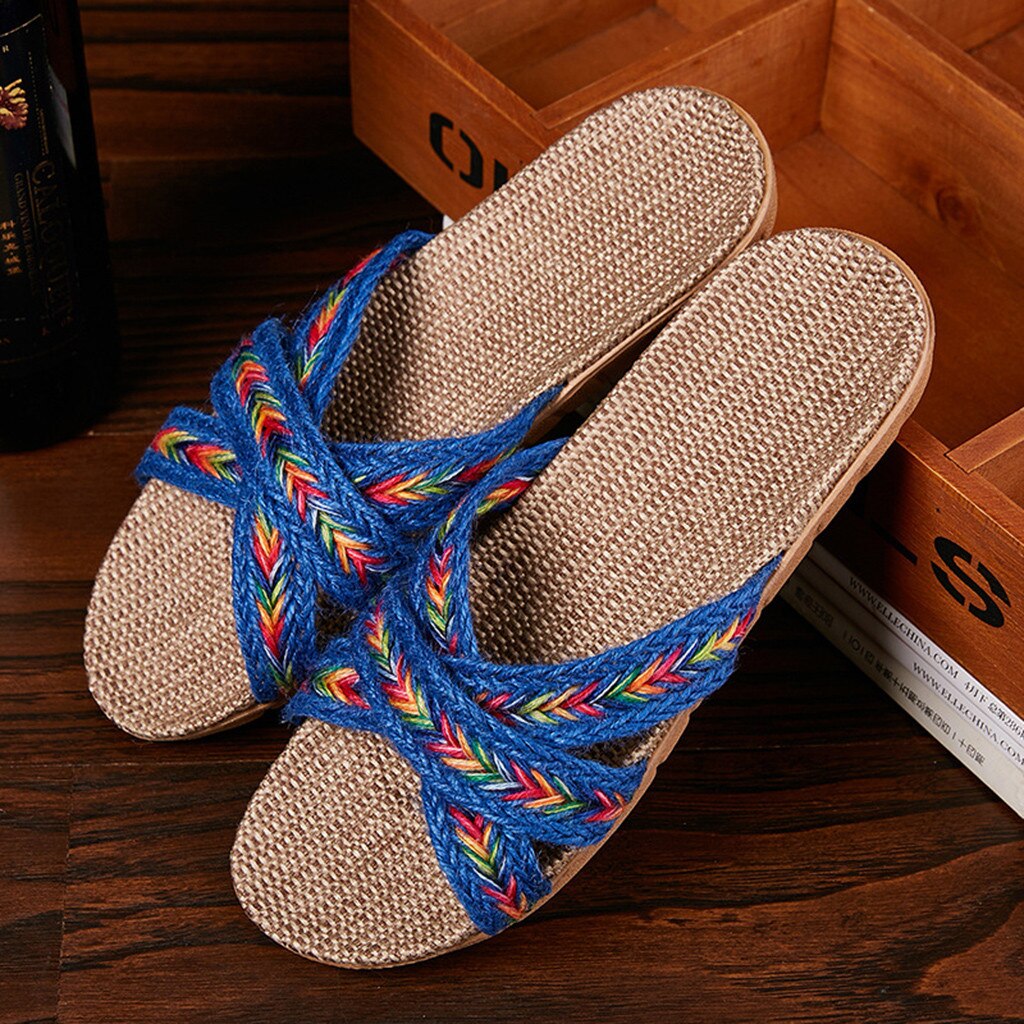 Summer Womens Open Toe Beach Slippers Shoe Slippers Men Home Summer Cross Strap Ladies Casual Shoes Linen Slippers
