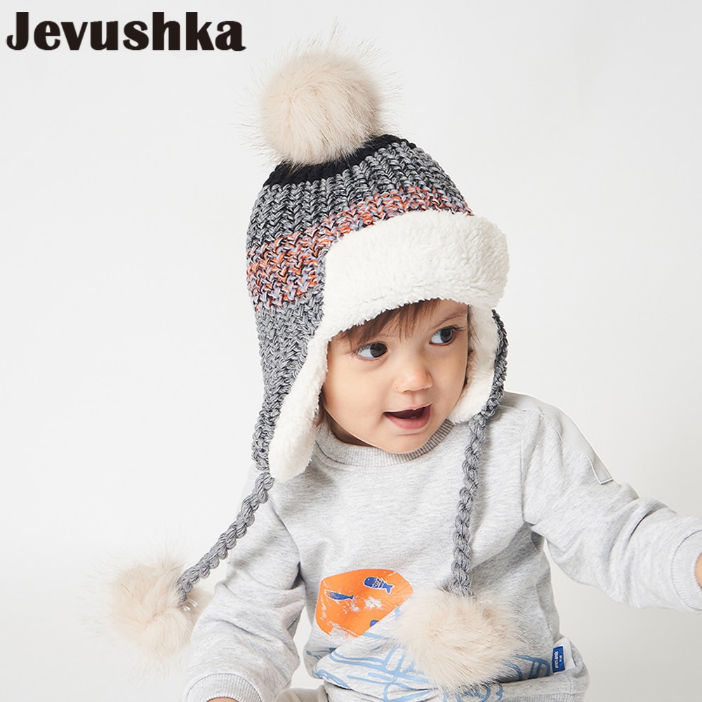 Baby vinter pompon hue strik børne hue til drenge og piger med fleece foring bomber caps til børn