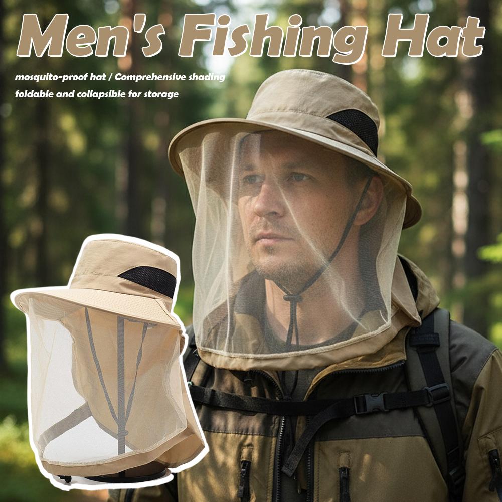 Muggennet zonnehoed voor heren en dames, UV-bescherming, brede rand, bucket hat met gaas, verstelbare kinband voor vissen, wandelen, tuinieren