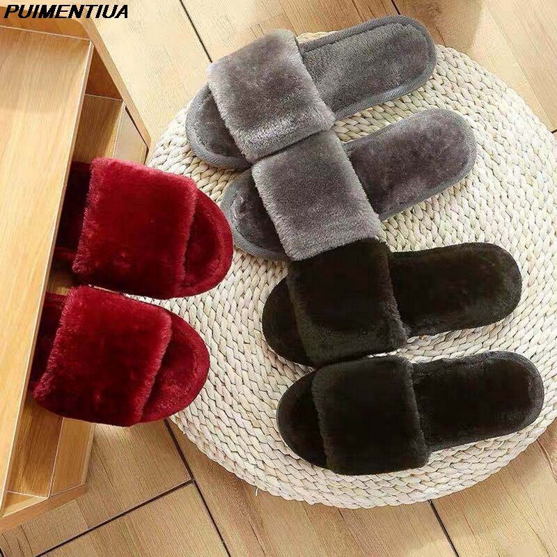 Chanclas con pelo para mujer, Zapatillas de casa cálidas sin cordones, de piel sintética, para invierno