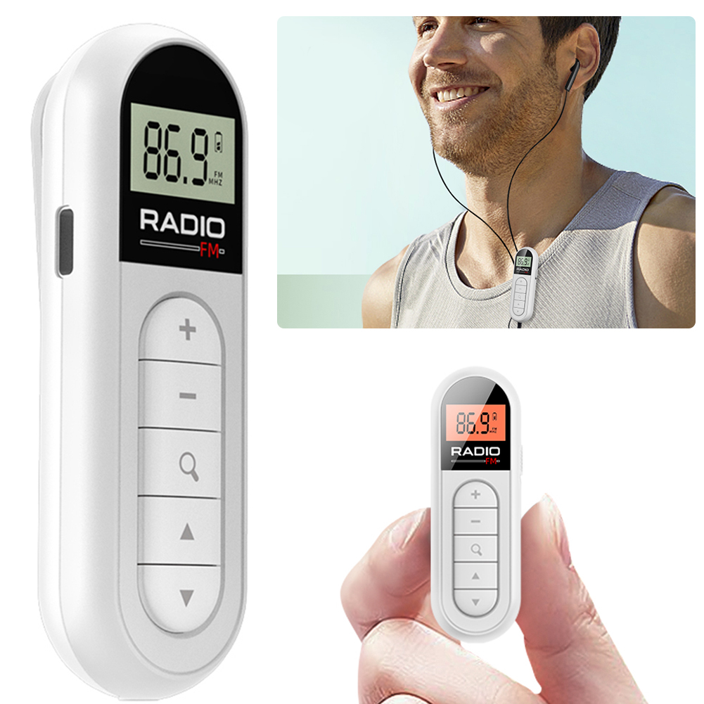 Radio FM retroiluminada pantalla LCD Mini Radio con Clip de bolsillo con auriculares de 3,5mm Radio portátil 76-108MHZ para caminar trotar Camping