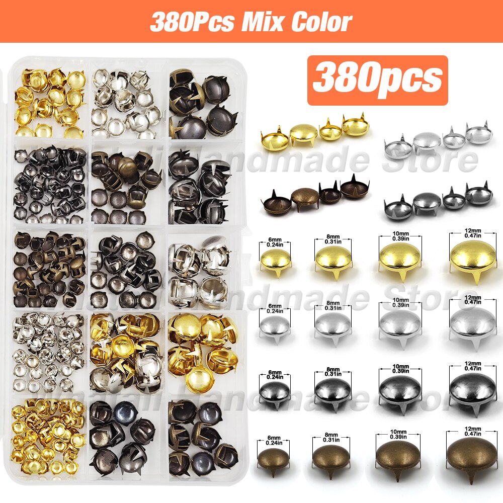 Moule en forme de dôme rond, Rivets, pointes, Kits de têtes de clous avec presse à main, Machine pour chaussures, sacs et vêtements, maroquinerie, 6/8/10/12mm: 380Pcs Mix Color Set