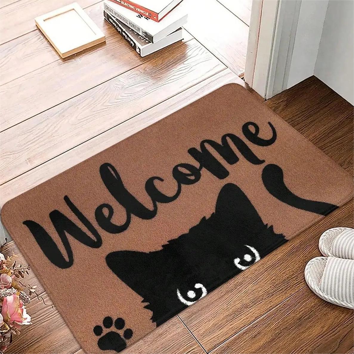 Alfombrilla antideslizante con patrón de gato para puerta de entrada, Felpudo de bienvenida para baño y cocina, alfombra lavable para dormitorio, decoración del hogar, alfombra pequeña: 50cmx180cm / Amarillo