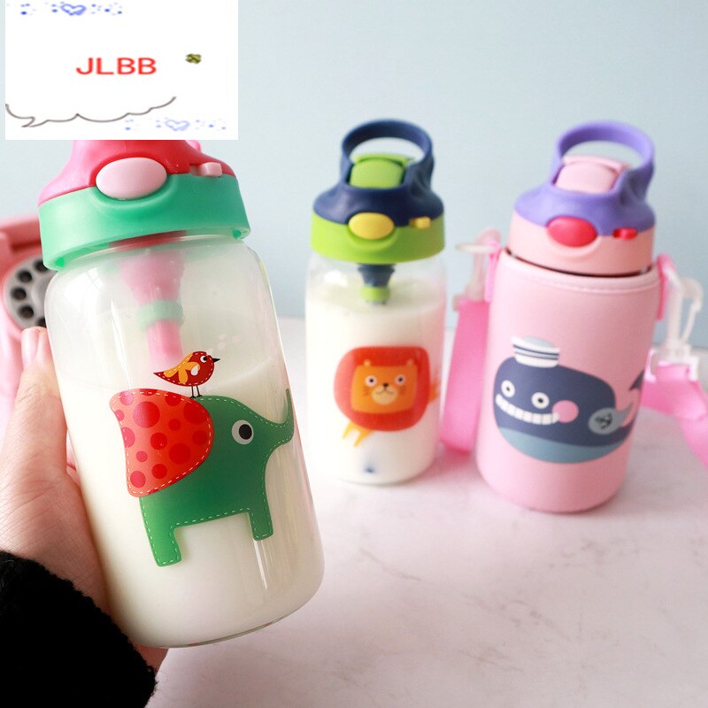 Bouteille d'eau en verre avec animaux pour enfants, avec sangle de sac en paille, couvercle supérieur verrouillable, anti-fuite, sans BPA, pour garçons, voyage randonnée, 500ml