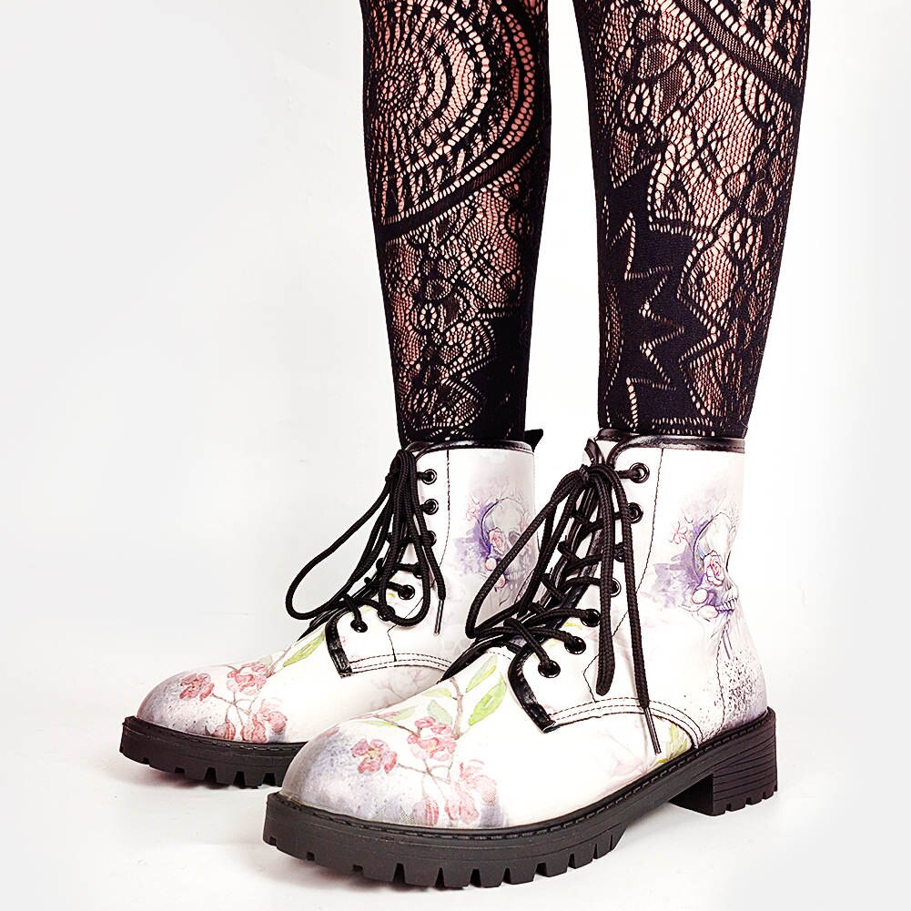 Vrouwelijke Gothic Schedel Koel Laarzen Lace Up Cool Punk Chunky Platform Laarzen Vrouwen Koele Casual Floral Schoenen Vrouw: 35