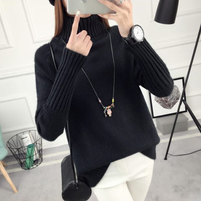 Autumn winter Women Knitted Sweaters Soft Pullovers Turtleneck Long Sleeve Solid Color Slim Elastic Short Sweater Women