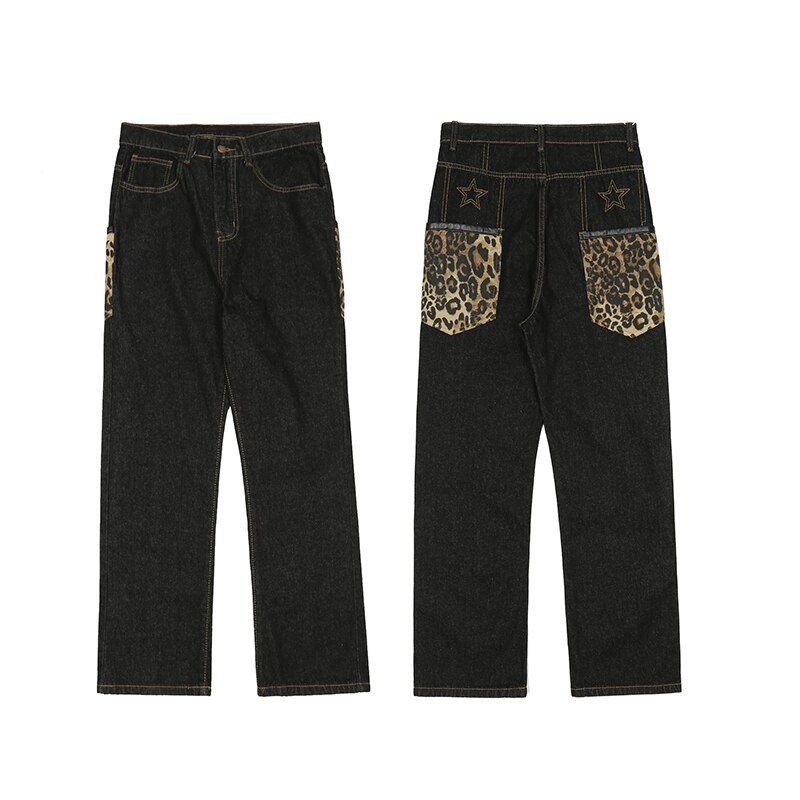 Achterzakken Leopard Stars Borduren Ripped Spliced Heren Denim Broek Lente High Street Oversized Casual Losse Jeans Broek: AsianXL