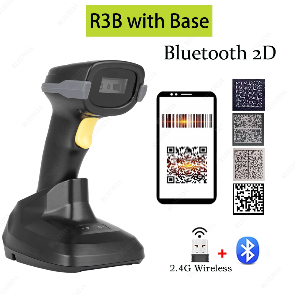 Draadloze Qr Barcode Reader Draagbare Bar Code Scanner Wired 2d Scanner Voor Bar Codes Bluetooth 2D Barcod Reader Leitor De código: R3B with Base