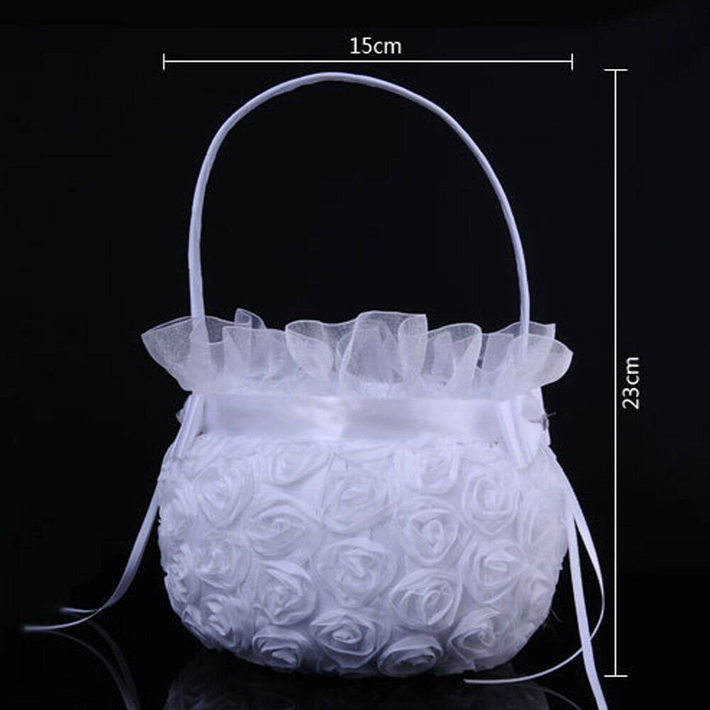 Canasta para flores boda ceremonia blanca satén encaje malla lazo floral Rhinestone perla flor cesta