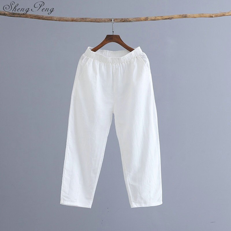 Pantalones bombachos elegantes de lino y algodón para mujer, pantalón de trabajo de cintura elástica con bolsillos, informales, color sólido, talla grande, Q755