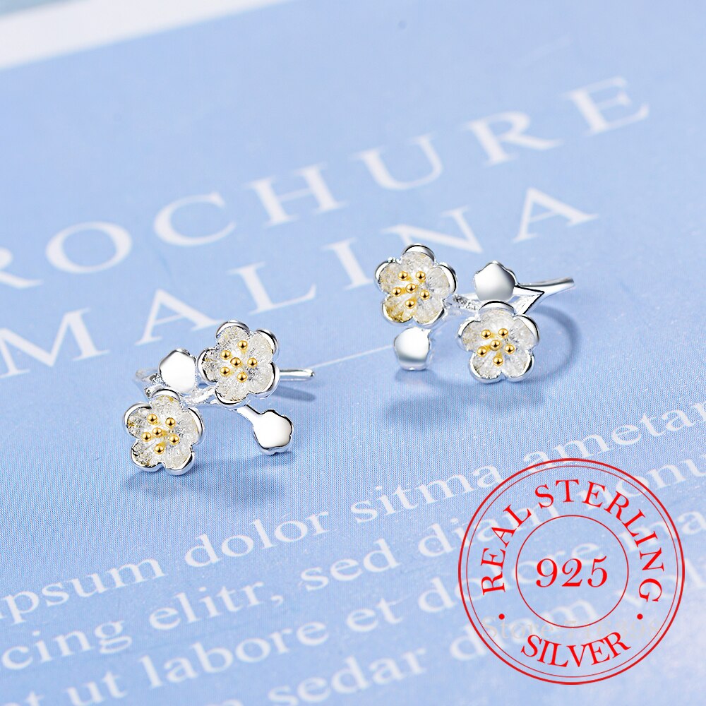 Pendientes de flores de cerezo para mujer, de Plata de Ley 925 con frío, joyería fina