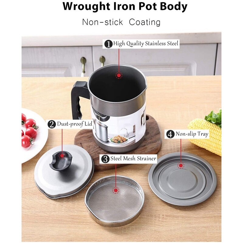 Bac à graisse avec tamis, Pot à huile en acier inoxydable, pour stockage huile de cuisson ou de friture,(1.7L)