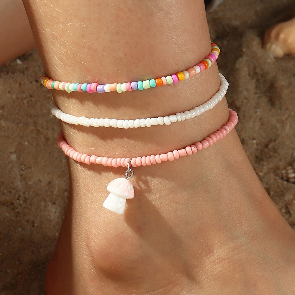 Boho Candy Beads Charm Multilayer Anklets Star Butterfly Key Pendant Handmade Foot Chain Bracelet Barefoot Beach Jewelry Bijoux: FZ0158