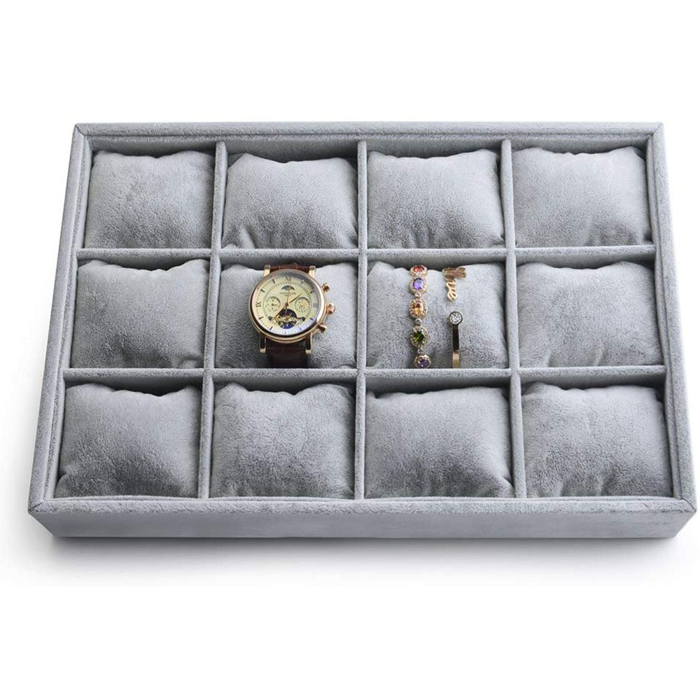 Gris velours 12 grille Premium montre organisateur bijoux plateau Bracelet Bracelet présentoir réglable oreiller vitrine de bijoux