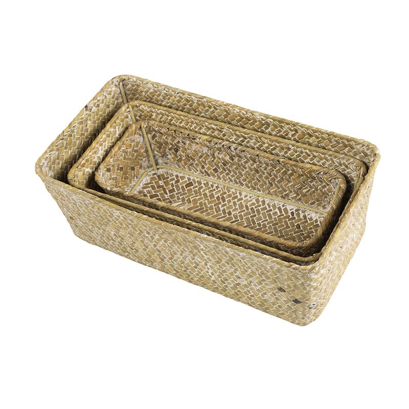 Rectangular Rattan Storage Basket Straw Fruit Dried Flowers Storage Boxes Handmade Seagrass Picnic Basket Makeup Organizer