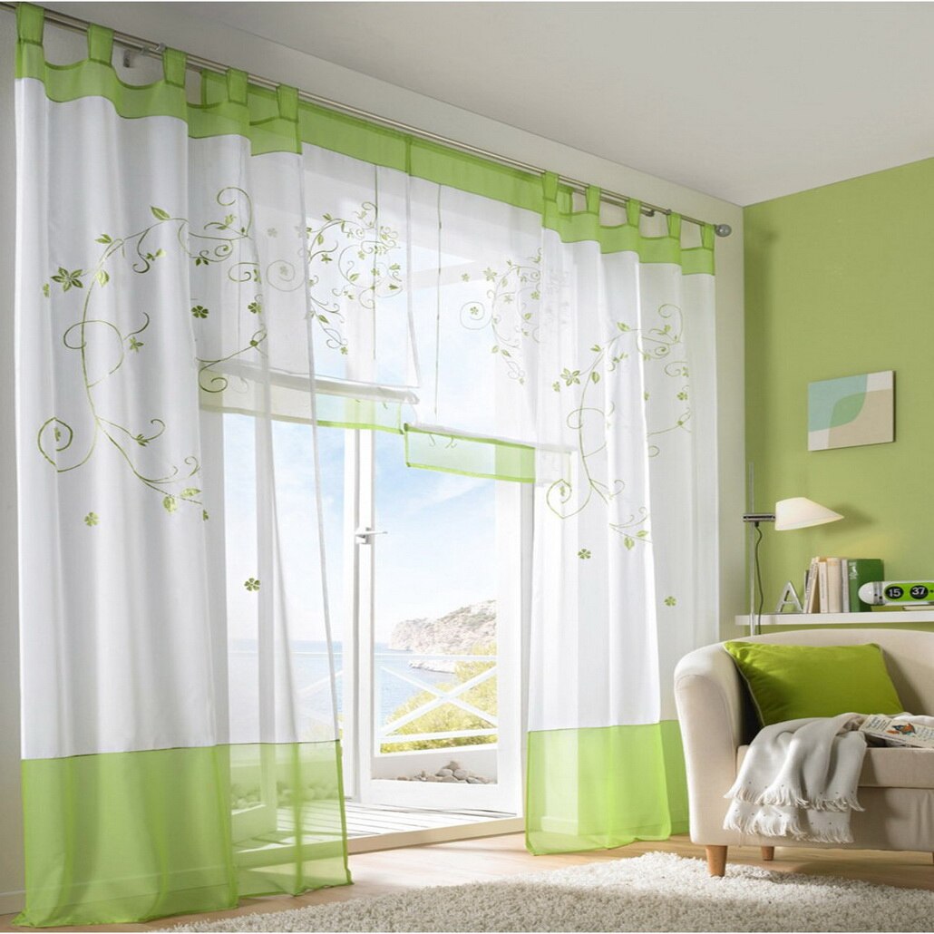 Urijk-rideaux transparents en tulle, rideaux transparents avec motifs floraux, pour fenêtre de chambre à coucher et salon: E green140x175cm