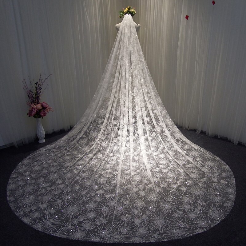 Sparkly Bling Bling Bridal Wedding Veils White Ivory Champagne Gold Long Cathedral Fireworks Sequined Veil With Comb 3X3.5Meters: Photo SmallFireworks
