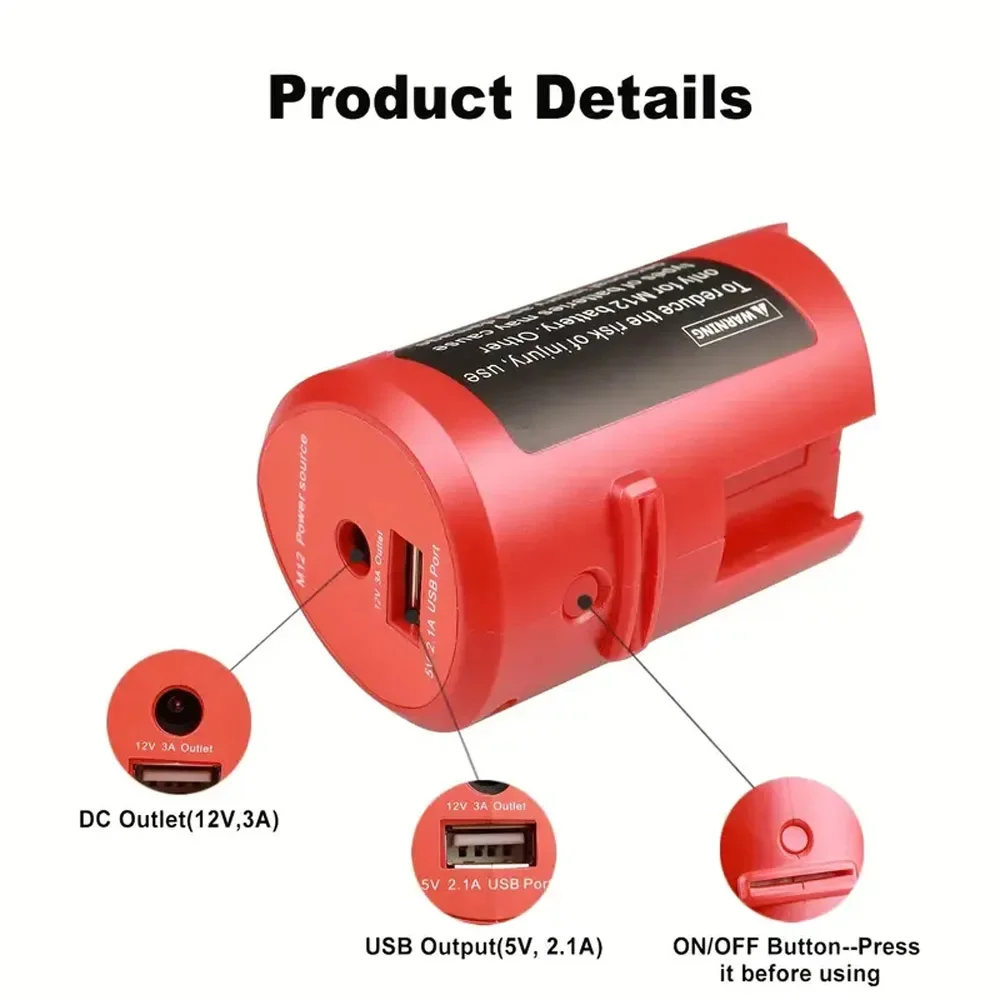 Removable Power with 2.1A USB Port and DC 12V for Milwaukee 12V Lithium Ion Battery Charger Adapter N12Charger USB Power Adapter